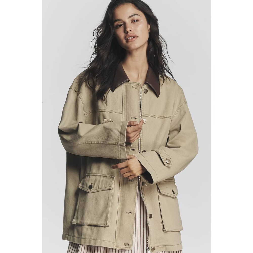 Pilcro Anthropologie Chore Jacket Tan Khaki Faux Leather Collar Medium M